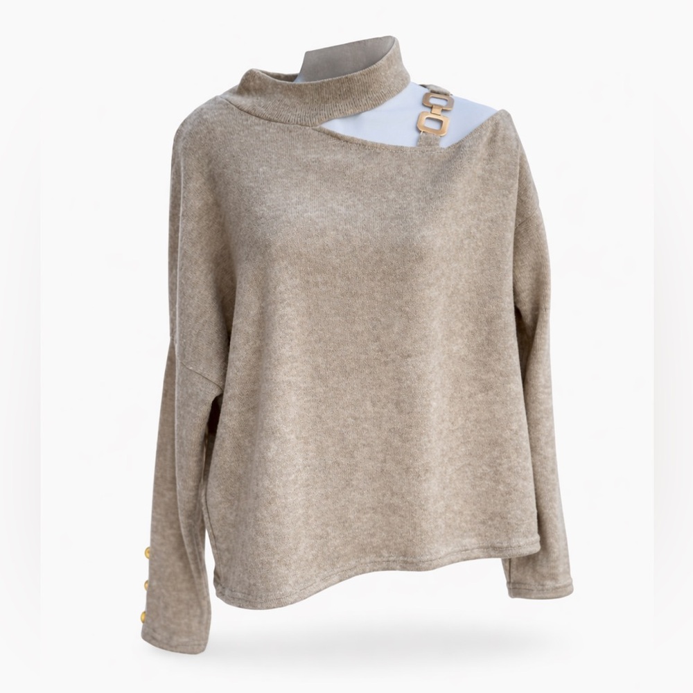 ChicMe Tan Cold Shoulder Knit Sweater Dressy Casual Size L